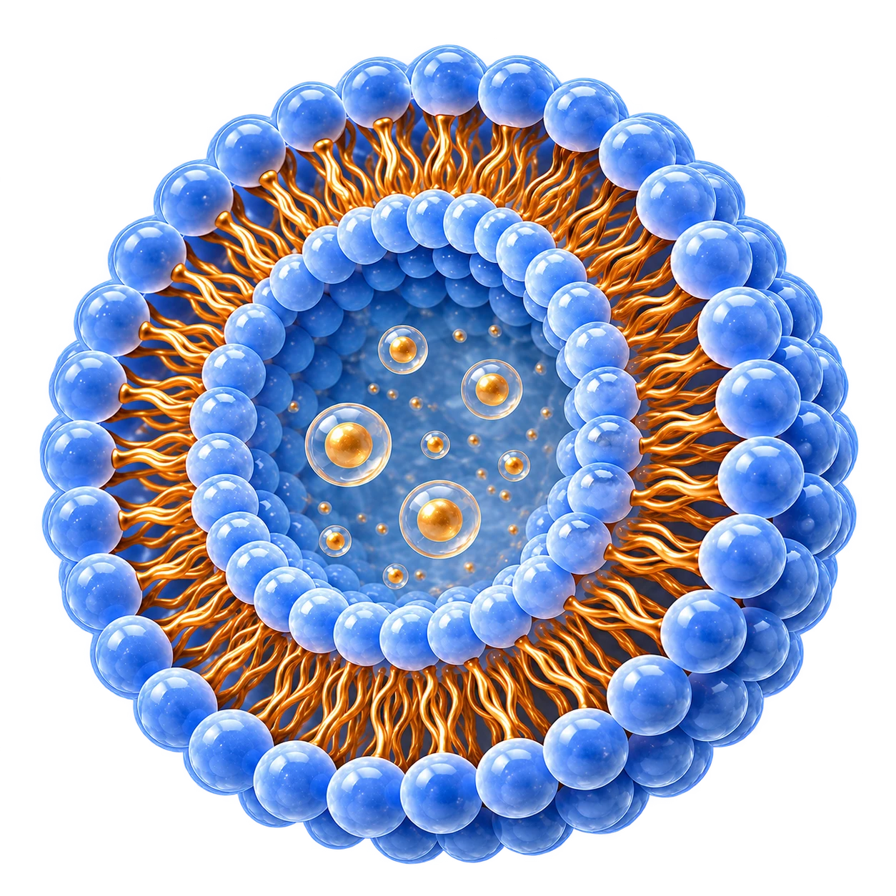 Mô phỏng cấu trúc hạt liposome: hai lớp phospholipid bao quanh lõi chứa hoạt chất