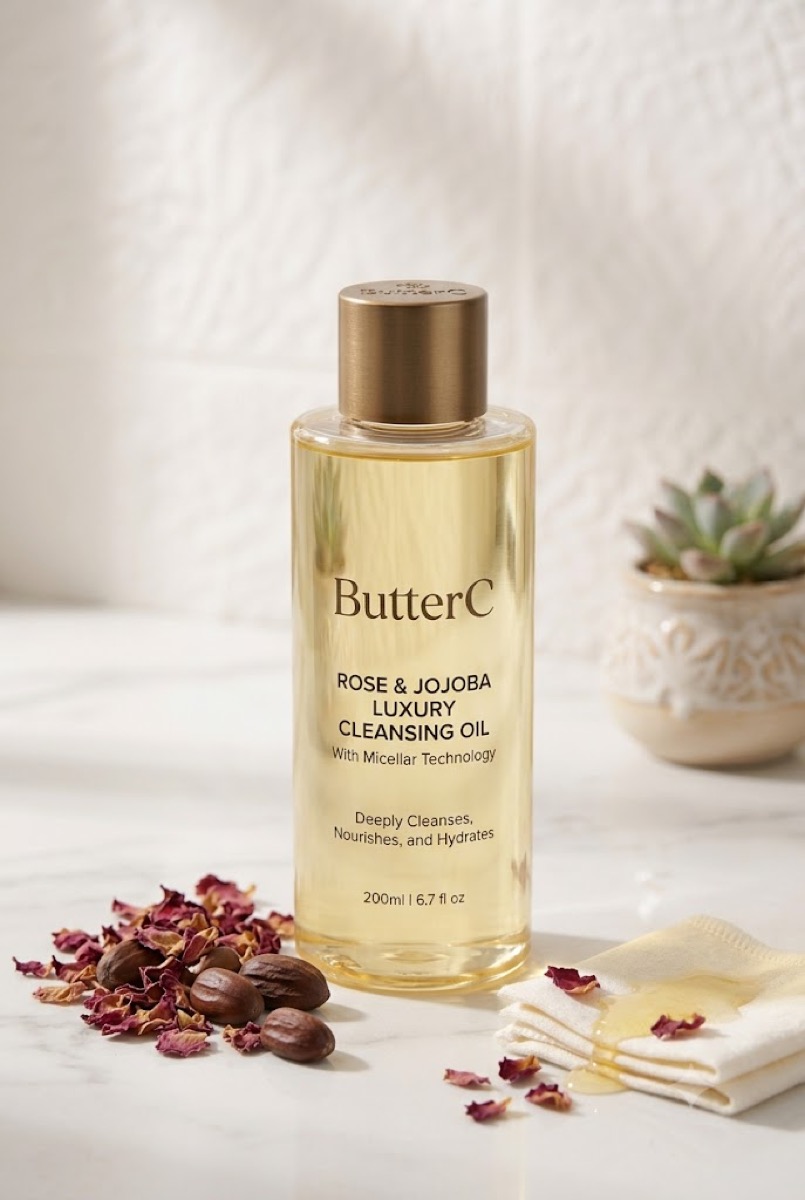 Dầu tẩy trang Butter-C, chai 200ml nền hoa hồng và jojoba