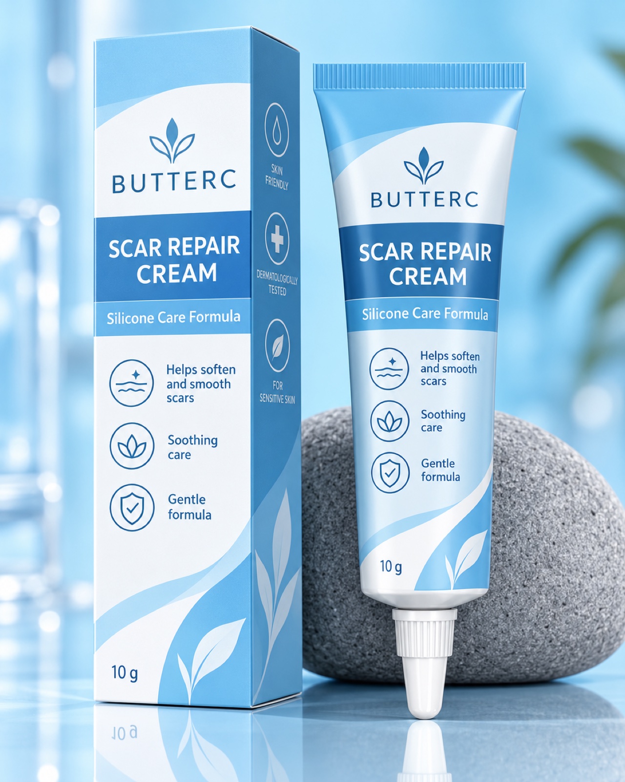 Hai tuýp gel màu hồng nhạt nắp đen đứng trên bàn