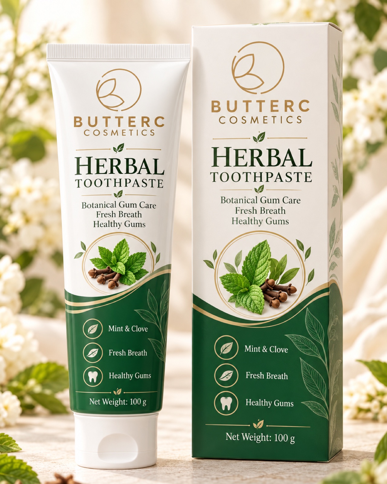 Bàn chải tre chấm bột đánh răng trắng từ hộp thiếc, phía sau là cốc thuỷ tinh đựng bàn chải tre