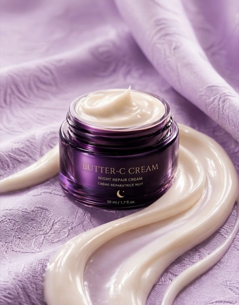 Butter-C Night Repair Cream, hũ kem dưỡng đêm thuỷ tinh tím 50 ml trên nền vải tím nhạt