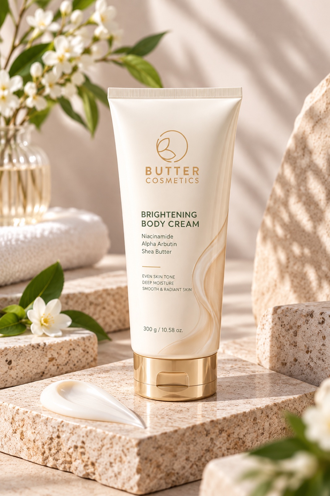 Two open jars of white and pale pink body cream among green leaves on a white stone surface