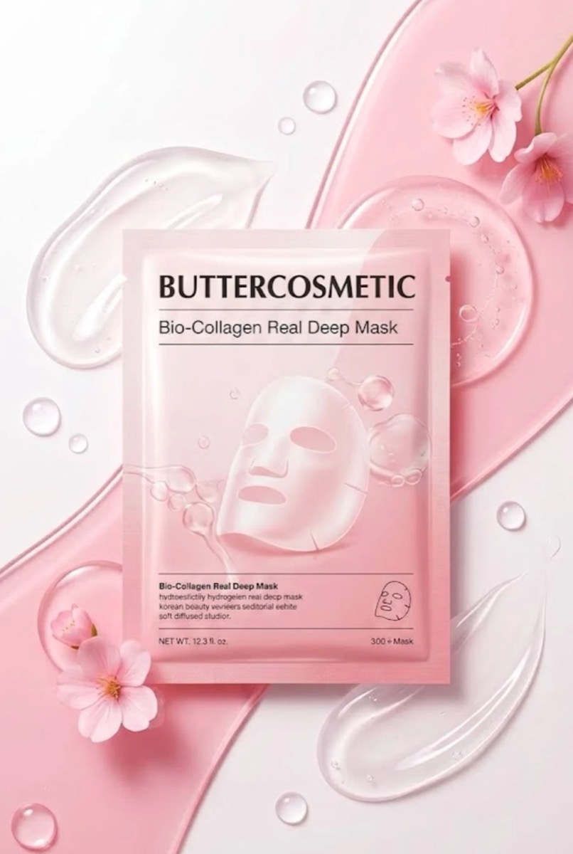 Gói mặt nạ giấy collagen màu hồng nhạt trên nền tinh chất và hoa anh đào