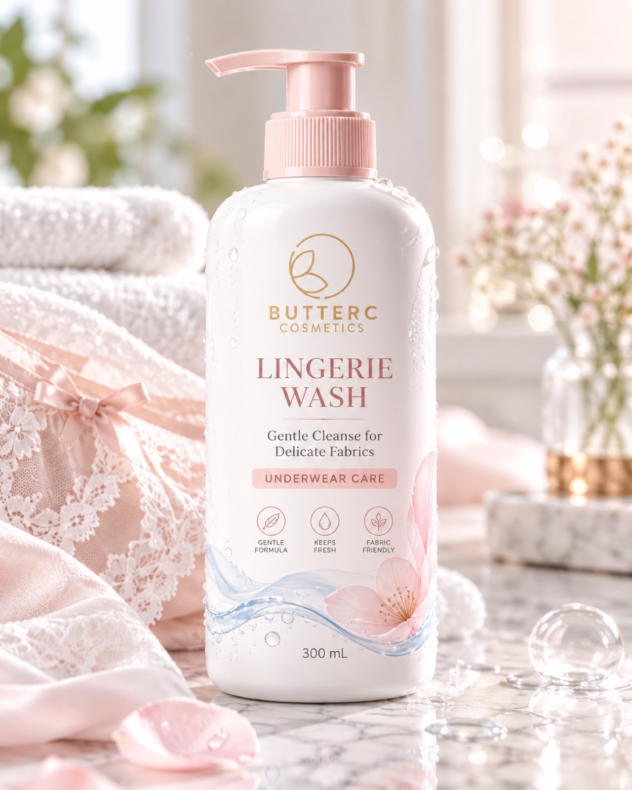 Chai nước giặt bên chồng đồ lót gấp gọn