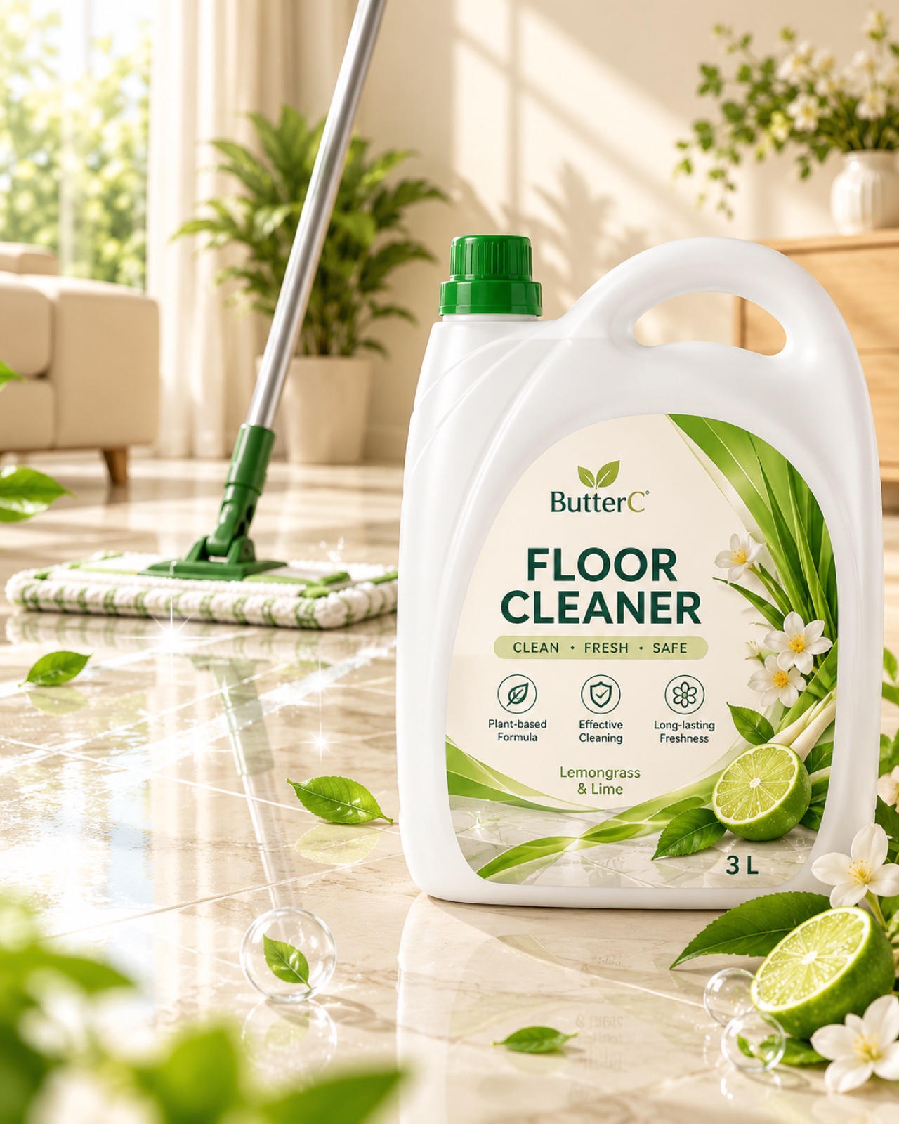 Người lau sàn gạch bằng cây lau dẹt, bên cạnh xô nước