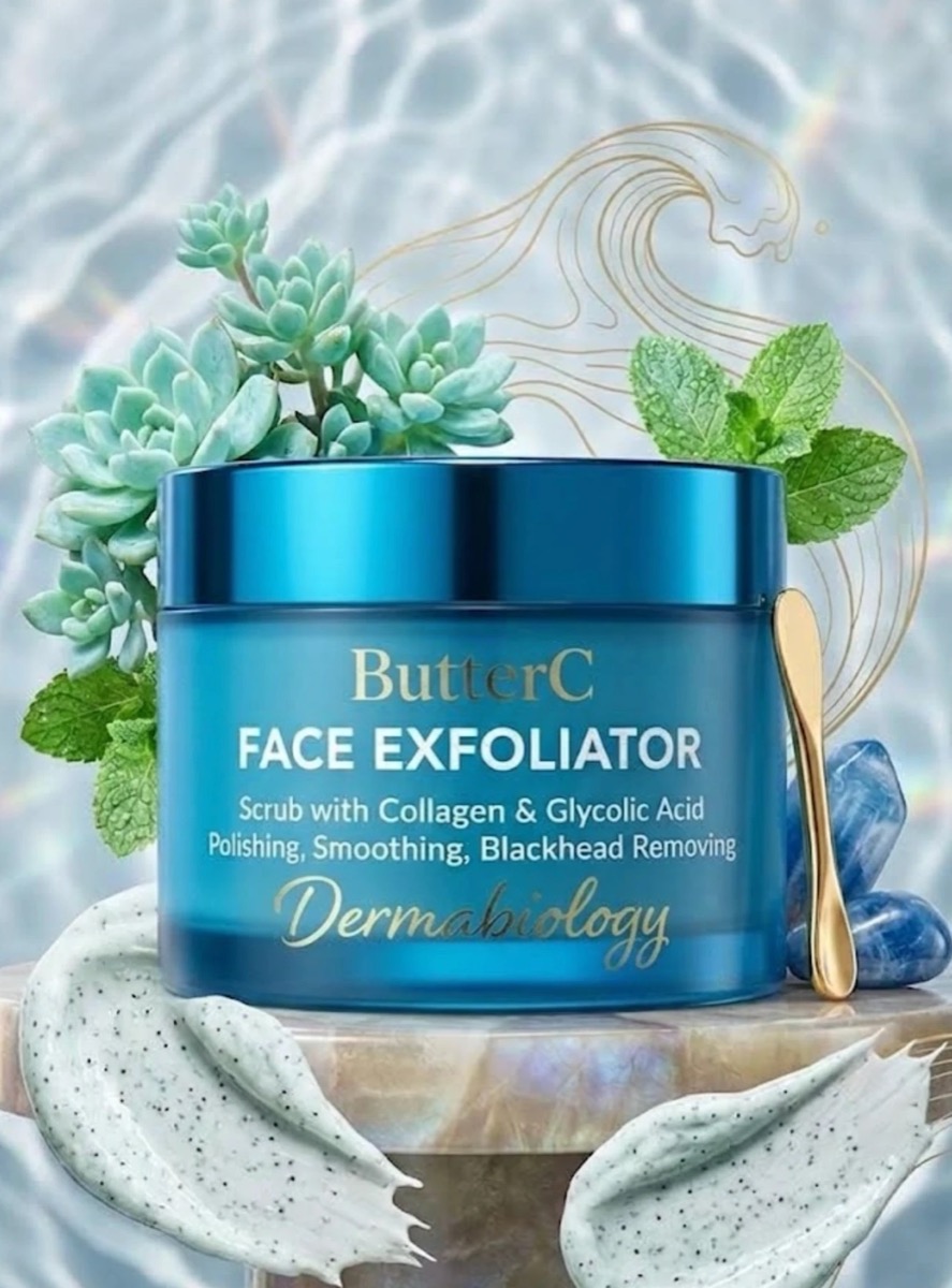 ButterC Face Exfoliator, hũ tẩy tế bào chết da mặt màu xanh lam với kem có hạt mịn