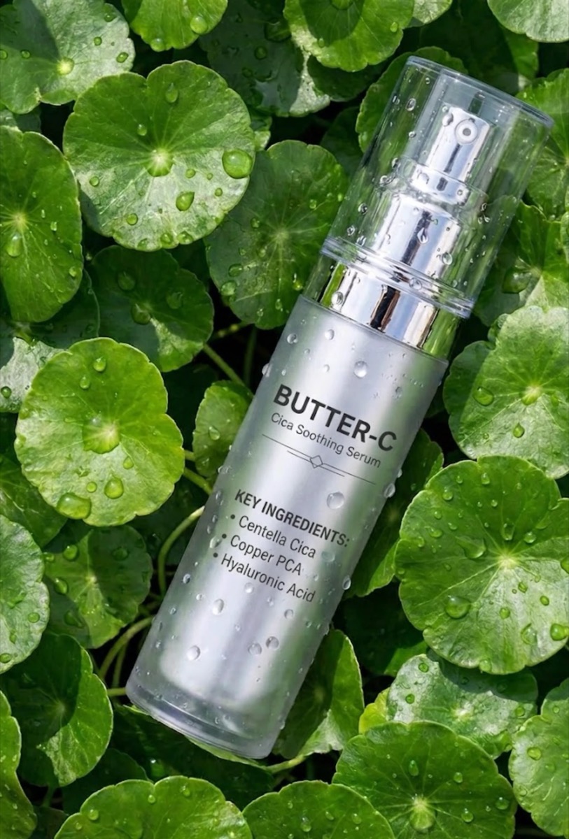 Butter-C Cica Soothing Serum, chai bơm chân không đặt trên lá rau má