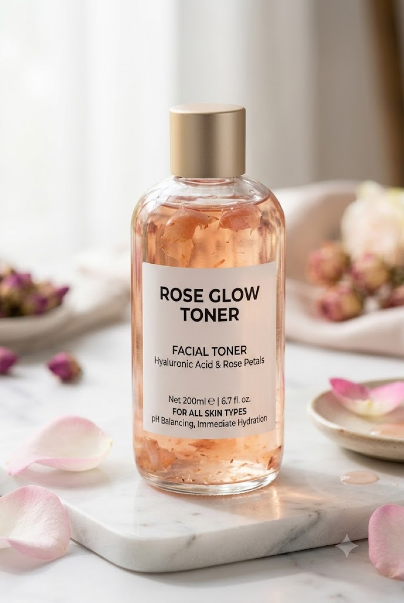 Rose Glow Toner, chai thuỷ tinh 200ml có cánh hoa hồng, nắp kim loại